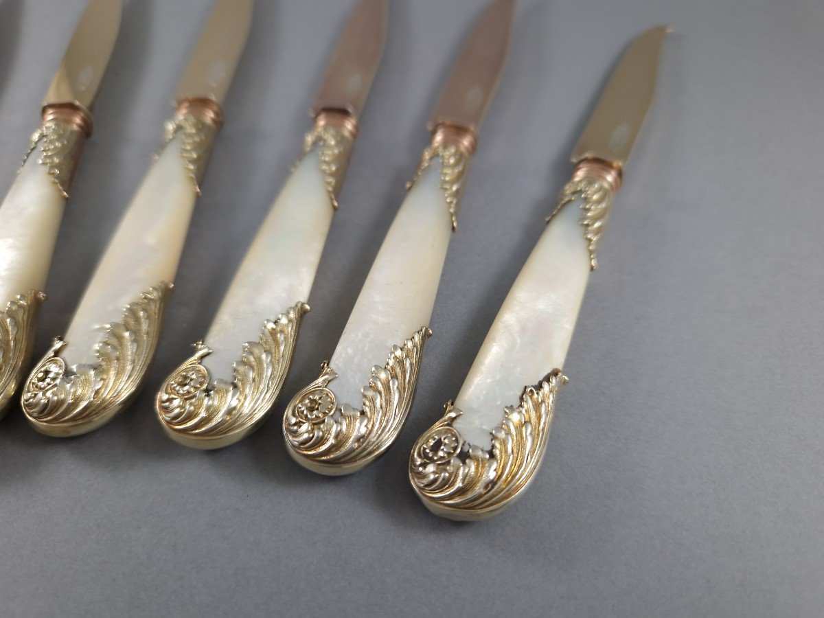 Puiforcat - 6 Knives In Vermeil And Mother-of-pearl-photo-4