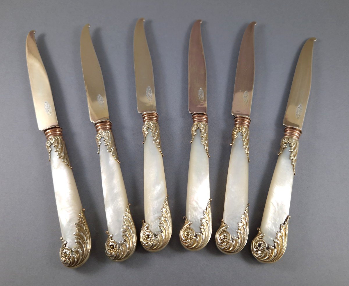 Puiforcat - 6 Knives In Vermeil And Mother-of-pearl