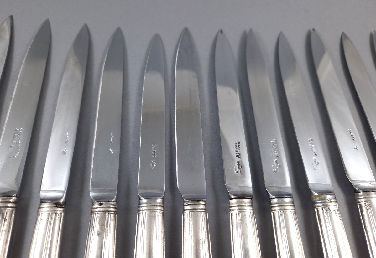 Paris 1775 - Set Of 12 Knives In Sterling Silver And Steel-photo-1