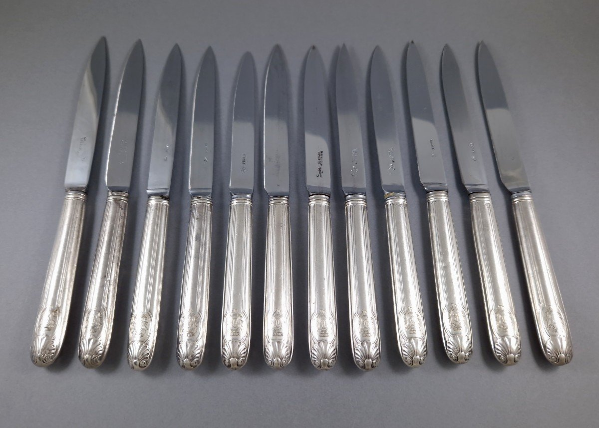 Paris 1775 - Set Of 12 Knives In Sterling Silver And Steel