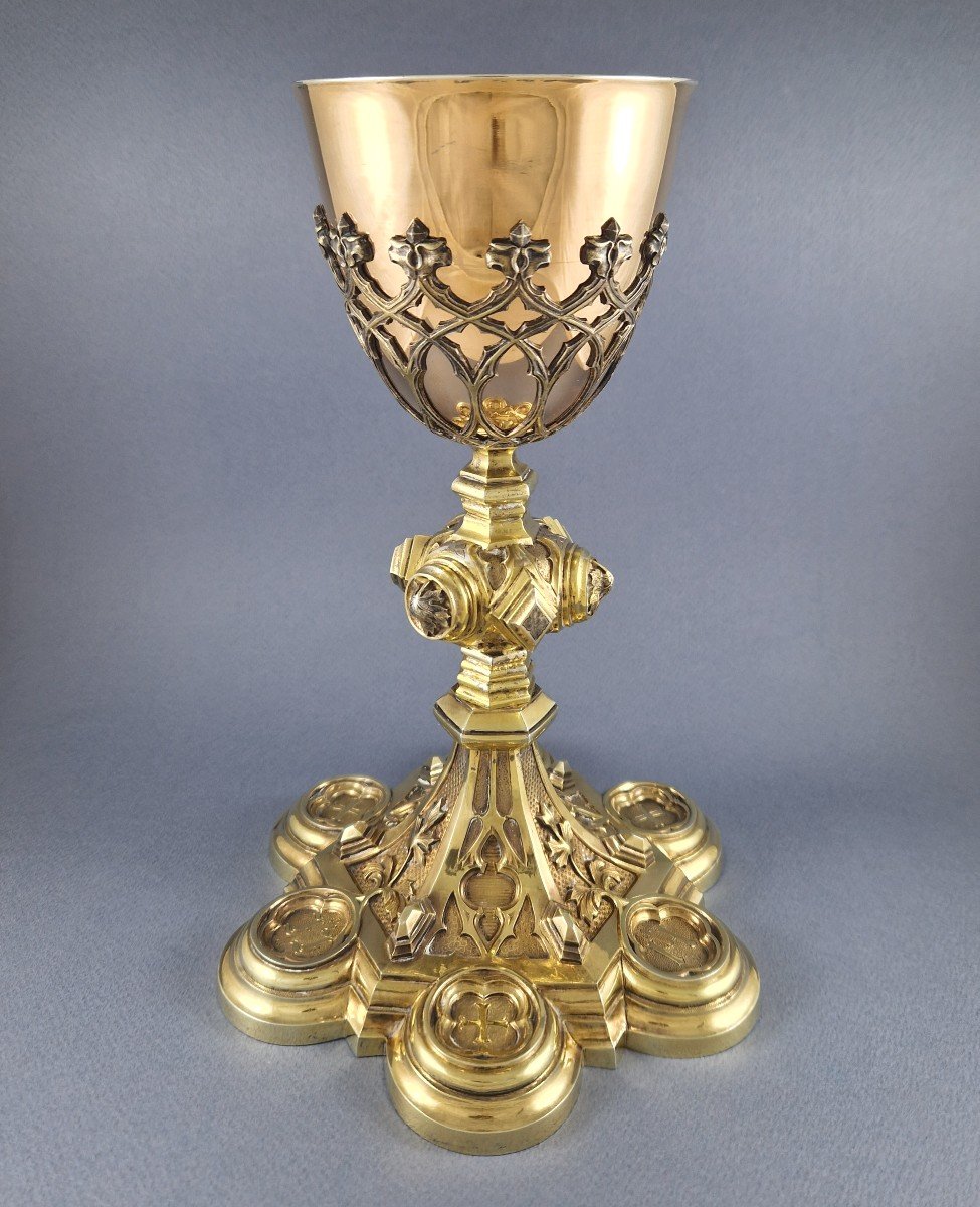 Large Chalice In Sterling Silver Gilt Gothic Style-photo-2