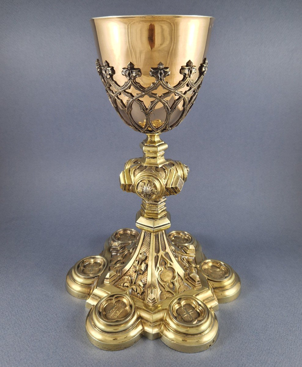 Large Chalice In Sterling Silver Gilt Gothic Style-photo-3