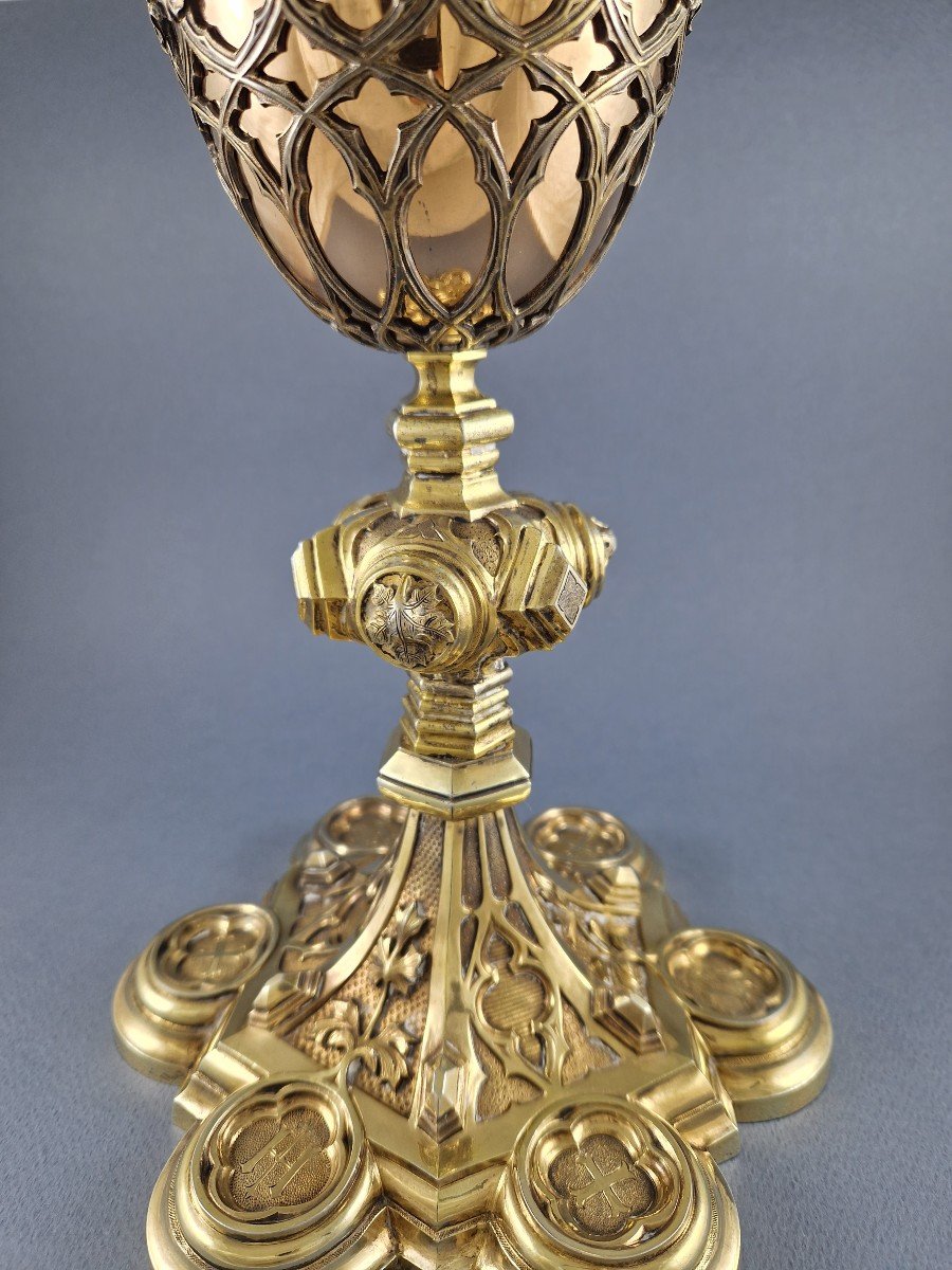 Large Chalice In Sterling Silver Gilt Gothic Style-photo-1