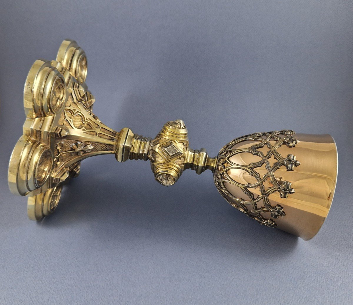 Large Chalice In Sterling Silver Gilt Gothic Style-photo-3