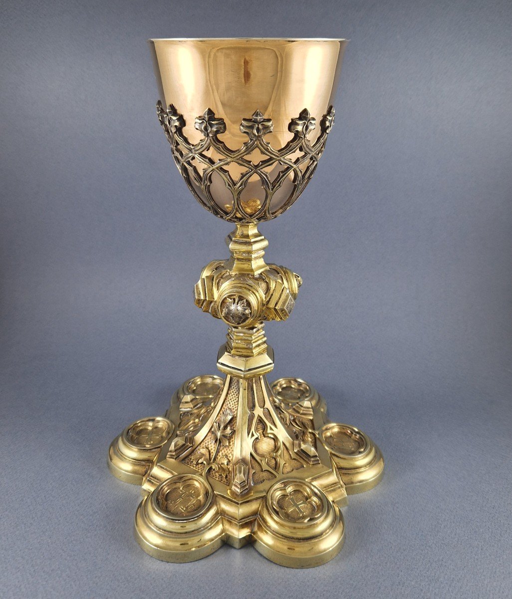 Large Chalice In Sterling Silver Gilt Gothic Style