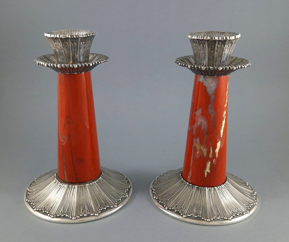 Buccellati - Pair Of Red Jasper And Sterling Silver Candlesticks-photo-2