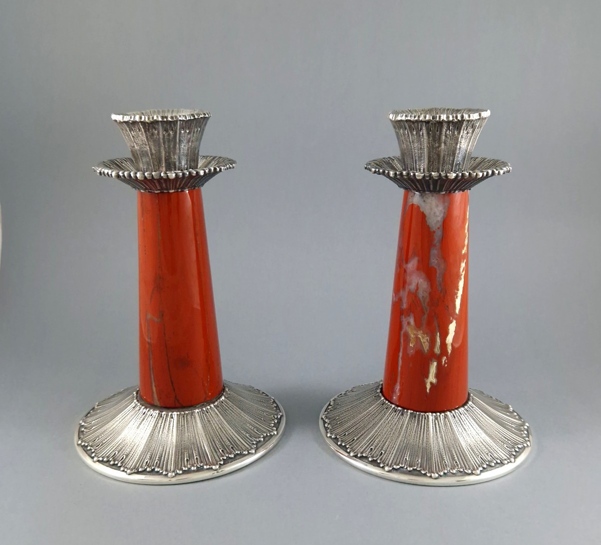 Buccellati - Pair Of Red Jasper And Sterling Silver Candlesticks