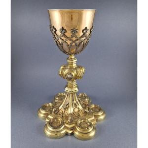 Large Chalice In Sterling Silver Gilt Gothic Style