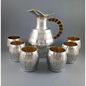 Jug And 6 Glasses In Solid Silver, Gilt And Tiger's Eye