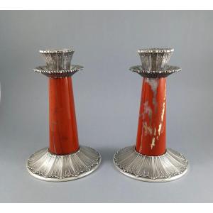 Buccellati - Pair Of Red Jasper And Sterling Silver Candlesticks