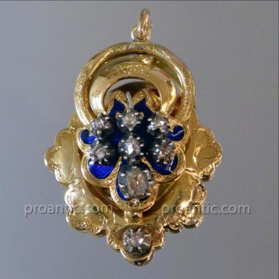 Pendentif Napoléon III Or Jaune émail Bleu Et Diamants