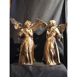 Paire d'Anges En Bois Doré