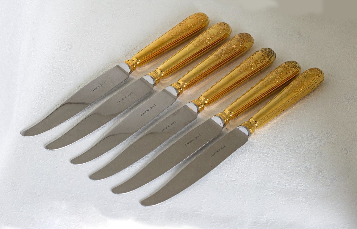 6 Modern Cardeilhac Knives, Solid Silver Handles-photo-2