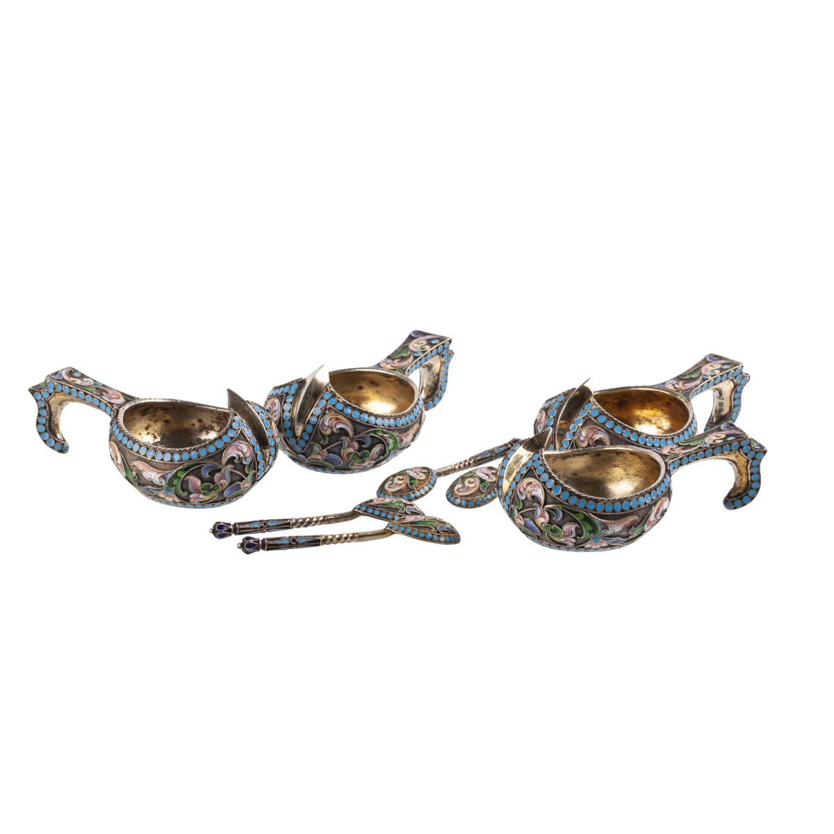 A Set Of 4 Russian Silver-gilt And Enamel Kovshs