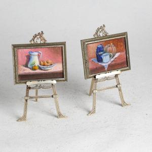 2 Miniature Paintings Resting On Easels In Sterling Silver