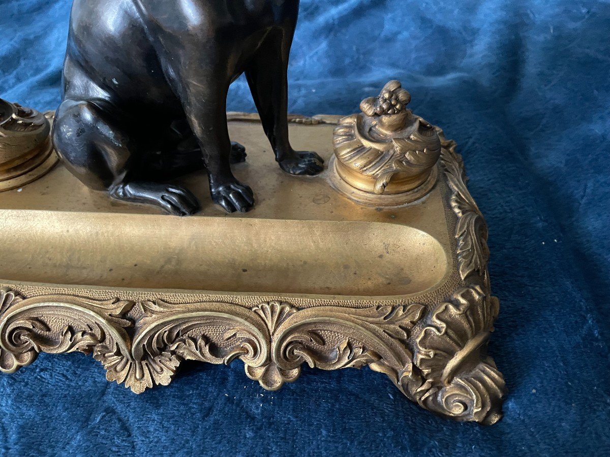 Dog Inkwell In Gilt And Patinated Bronze.-photo-2