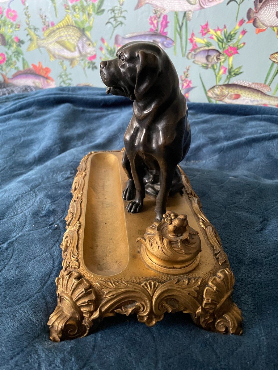 Dog Inkwell In Gilt And Patinated Bronze.-photo-3