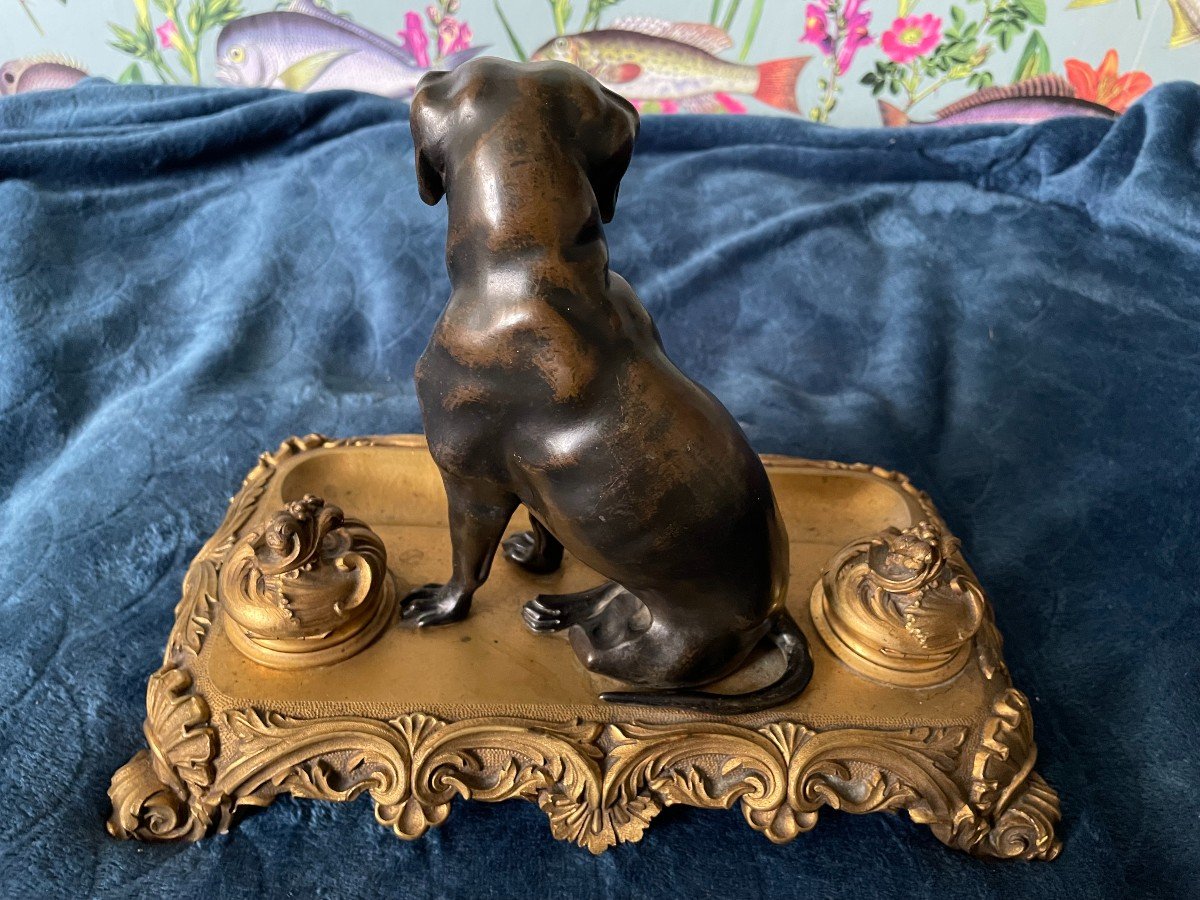 Dog Inkwell In Gilt And Patinated Bronze.-photo-4