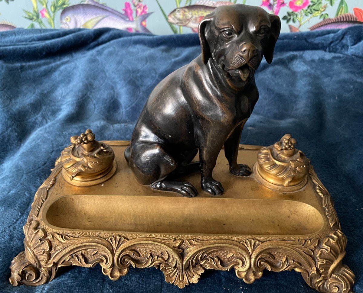 Dog Inkwell In Gilt And Patinated Bronze.