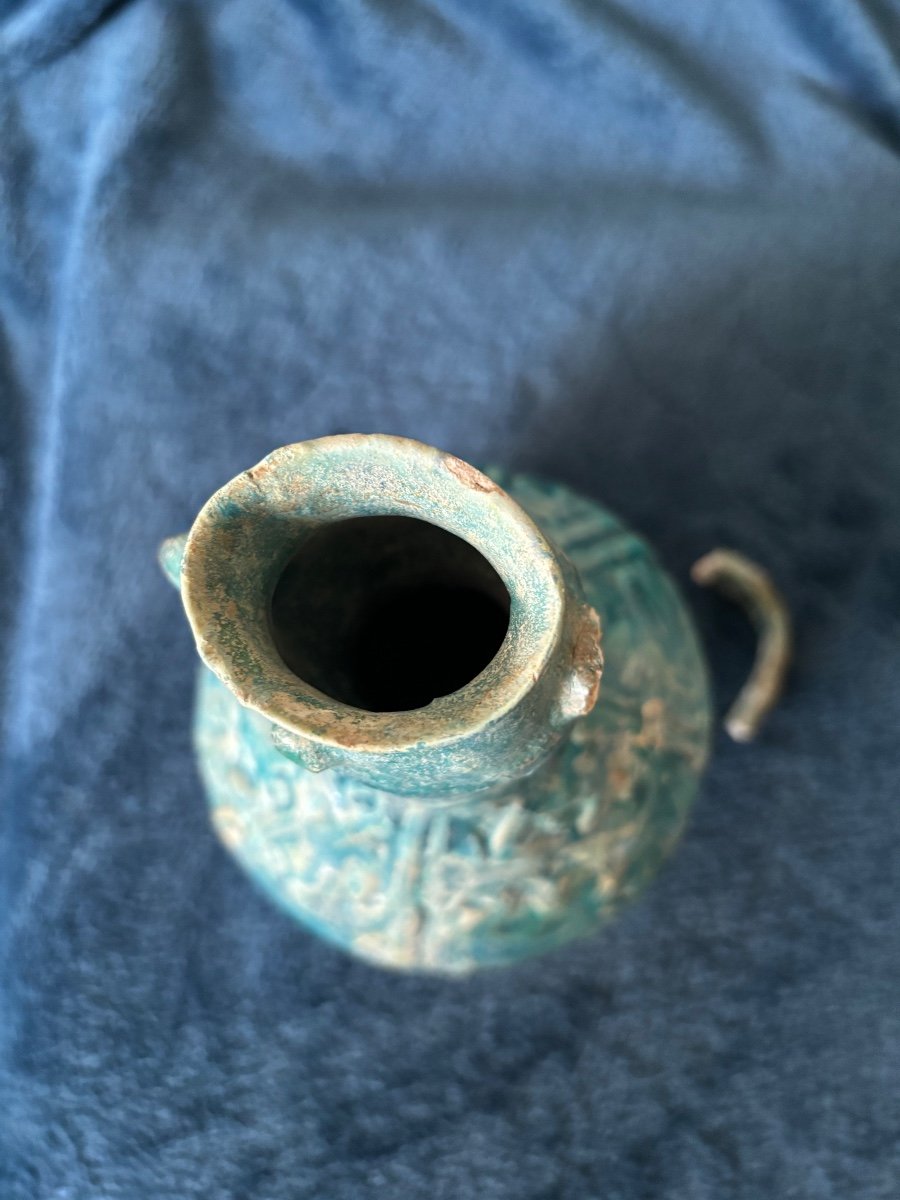 Zoomorphic Neck Pitcher In Turquoise Glazed Ceramic, Iran, Kashan, XII-xille S-photo-5