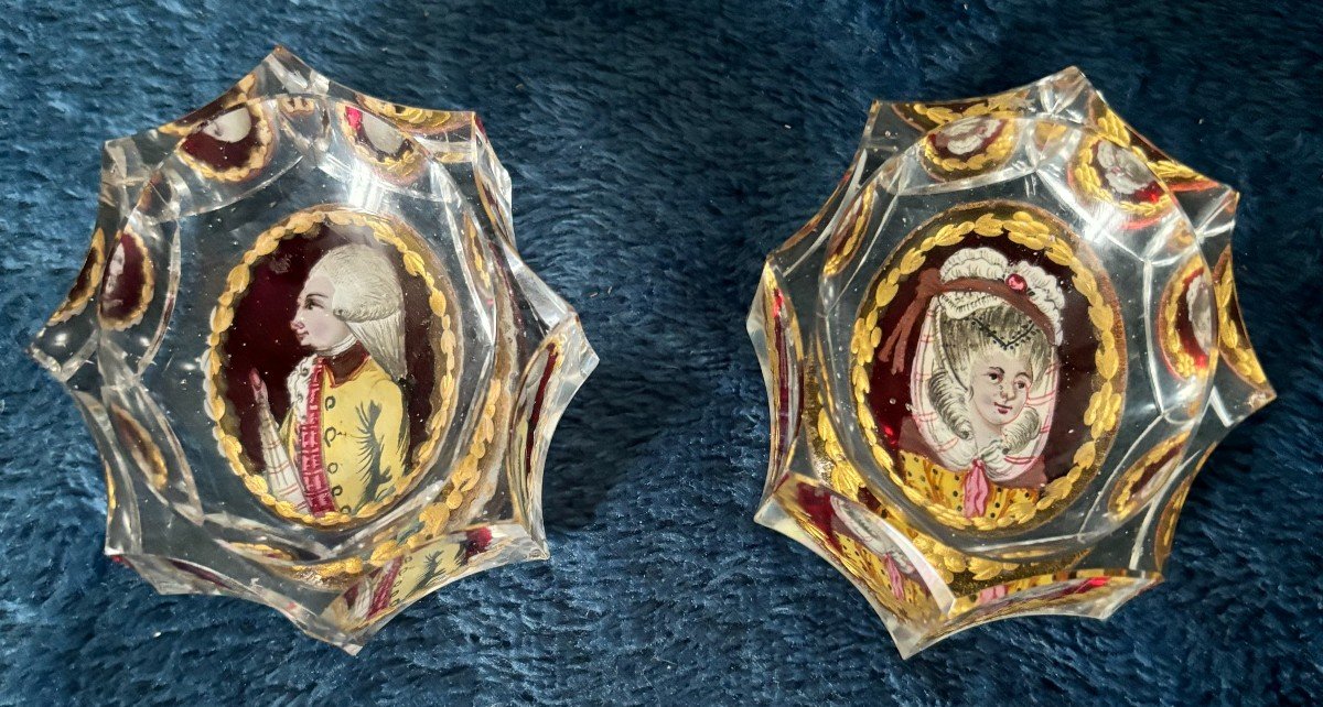 Two Glass Salt Shakers With Portrait, Late 18th Century