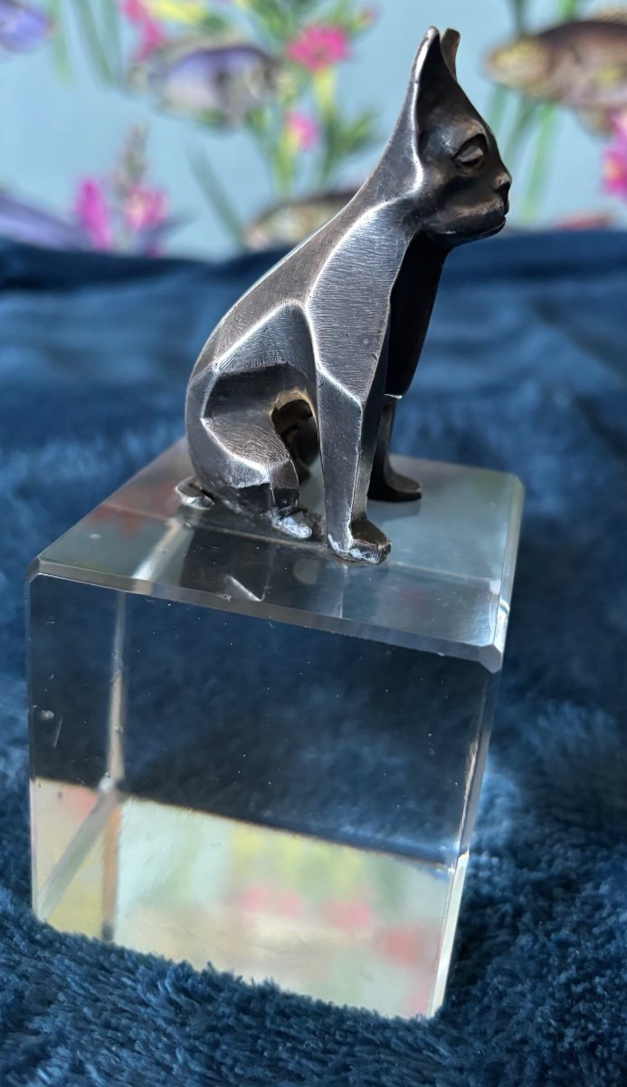 Cubist Cat In Silvered Bronze -photo-3