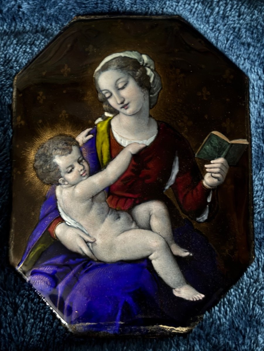 Plaque émaillée. Vierge à L Enfant