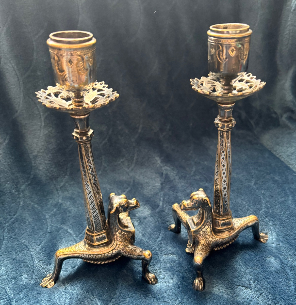 Pair Of Bronze Candlesticks Attributed To Auguste-nicolas Cain -photo-1