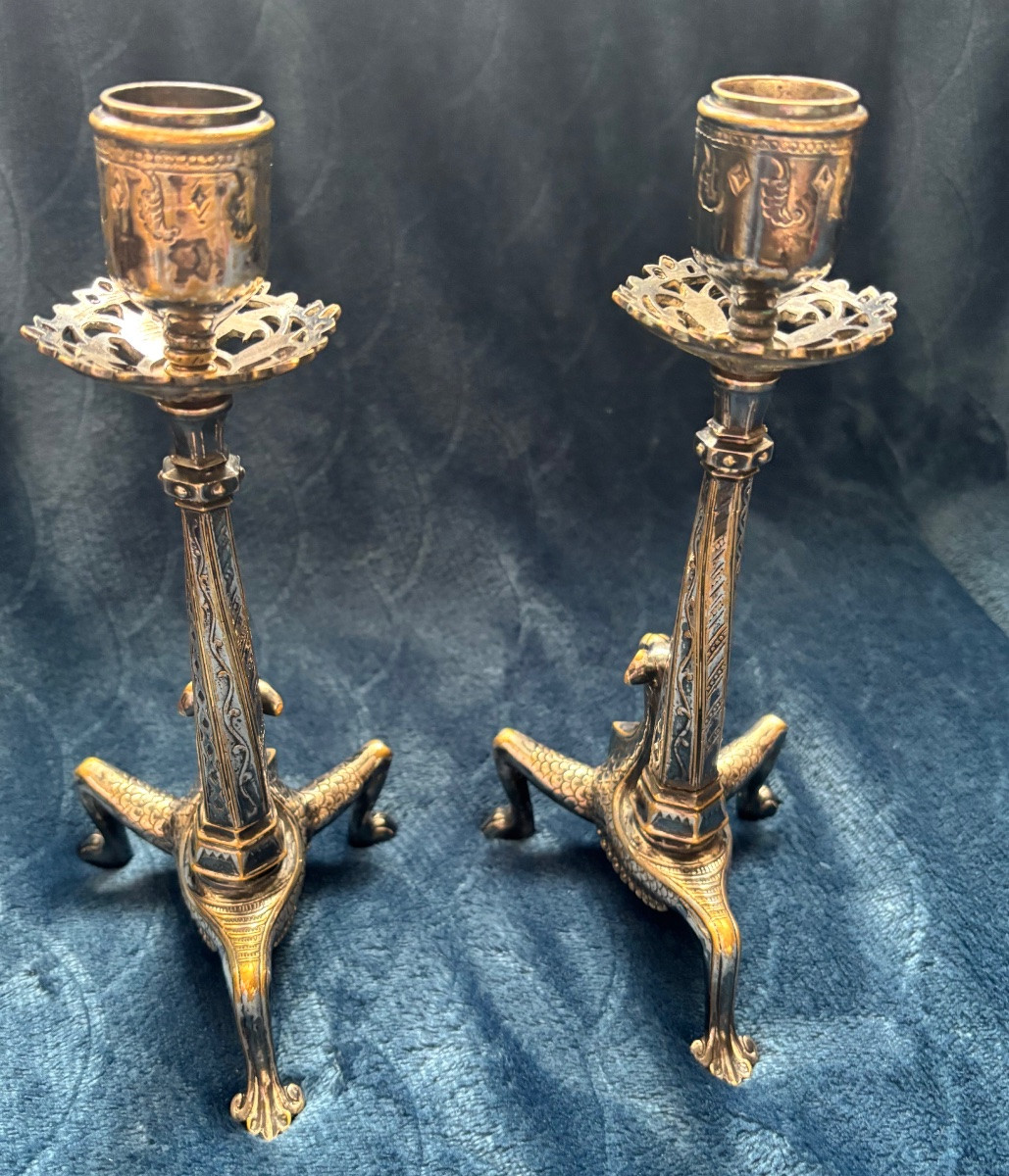 Pair Of Bronze Candlesticks Attributed To Auguste-nicolas Cain -photo-2