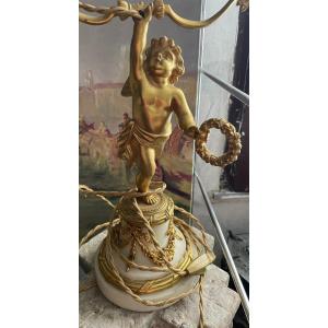 Lampe Bureau Putti  Bronze Dore Sur Marbre Blanc