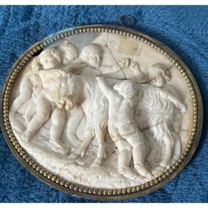 Marble Medallion In A Pearl Bronze Frame Bacchanal Subject 