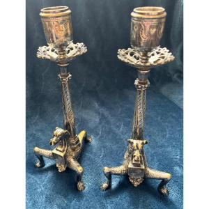 Pair Of Bronze Candlesticks Attributed To Auguste-nicolas Cain 