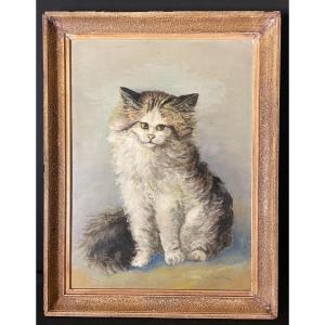 Portrait De Chat , Tableau Ancien 