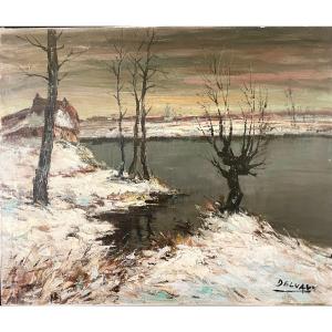 « paysage De Neige » Huile Sur Toile Signée 