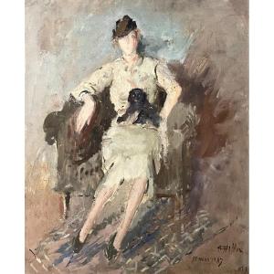 « la Femme Au Petit Chien Noir » Tableau Ancien 