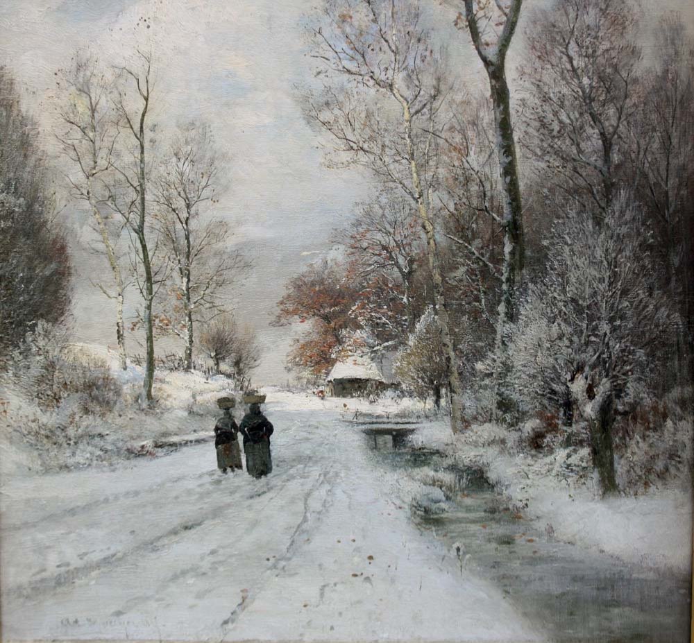 Route d'hiver avec deux figures paysannes par Adolf Gustav Schweitzer ( 1847-1914)-photo-3