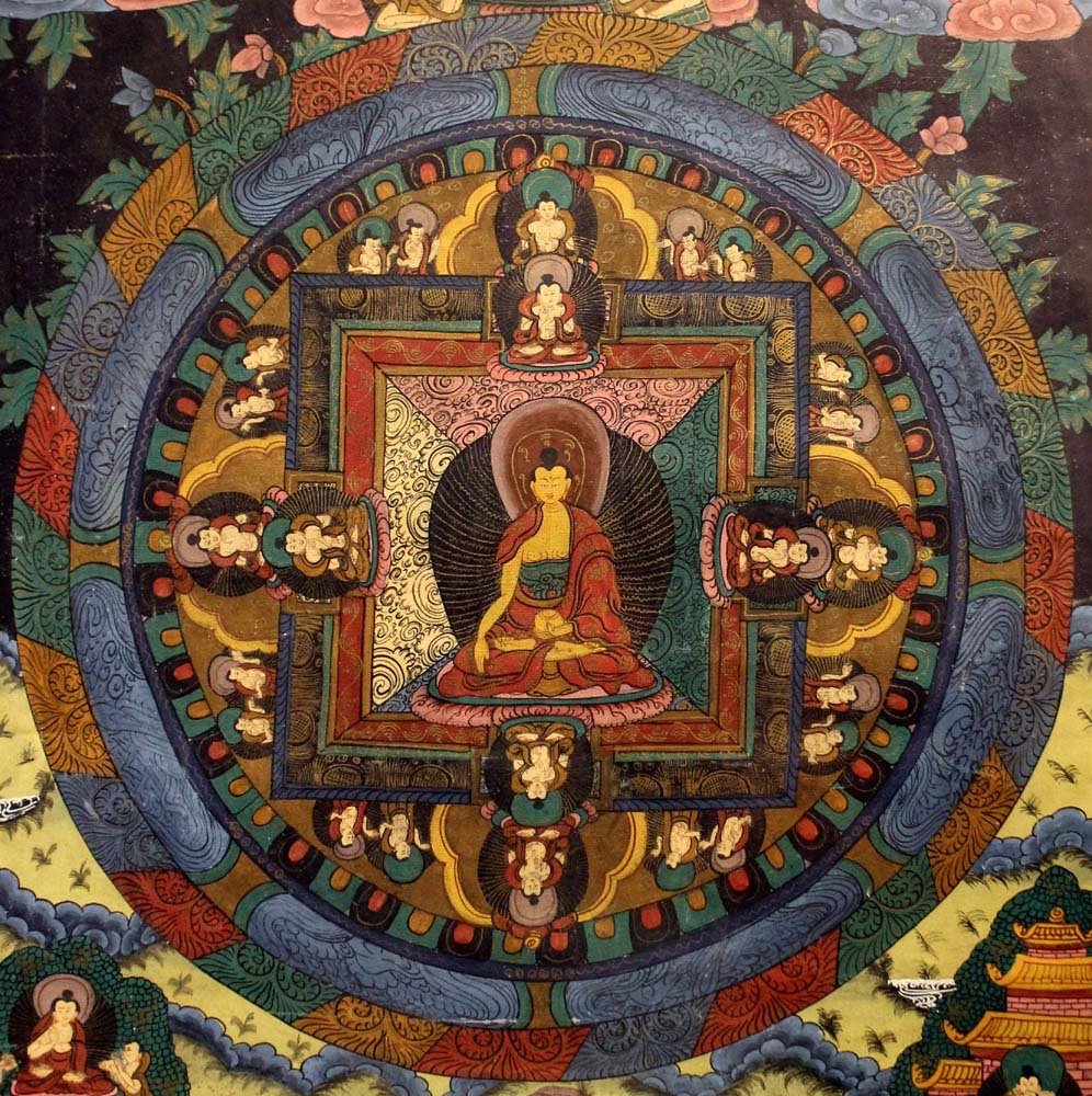 Thangka, Padmasambhava  In Copper Mountain Paradise, Tibetan Buddhist Painting, 19/20th Century-photo-3