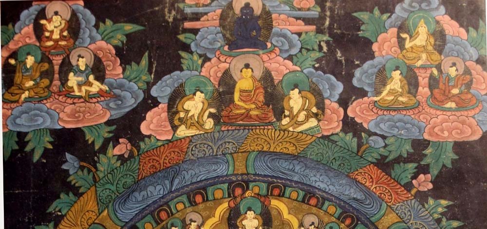 Thangka, Padmasambhava  In Copper Mountain Paradise, Tibetan Buddhist Painting, 19/20th Century-photo-1