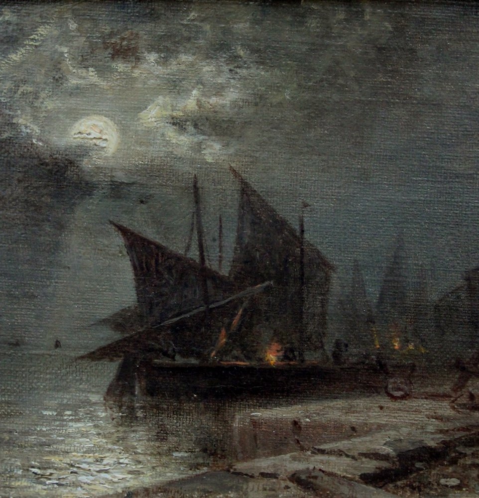 Vue d'un port hollandais la nuit par Elias Pieter van Bommel (1819 Amsterdam - 1890 Vienne)-photo-3