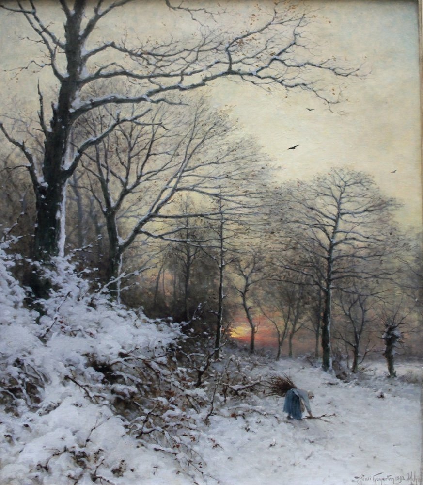 Collecteur de bois dans la forêt d'hiver par Heinrich Gogarten (allemand, 1850 - 1911)-photo-2