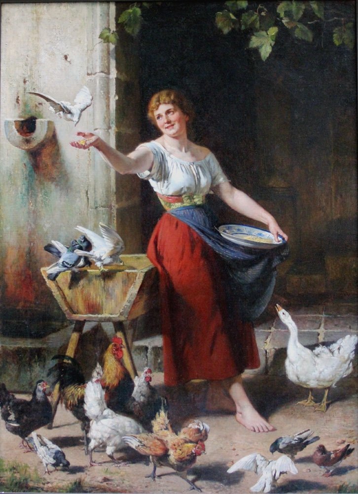 Fille Nourrissant Des Oiseaux Par Jean Lulves (franco-allemand, 1833 Mulhouse - 1889 Berlin)-photo-2