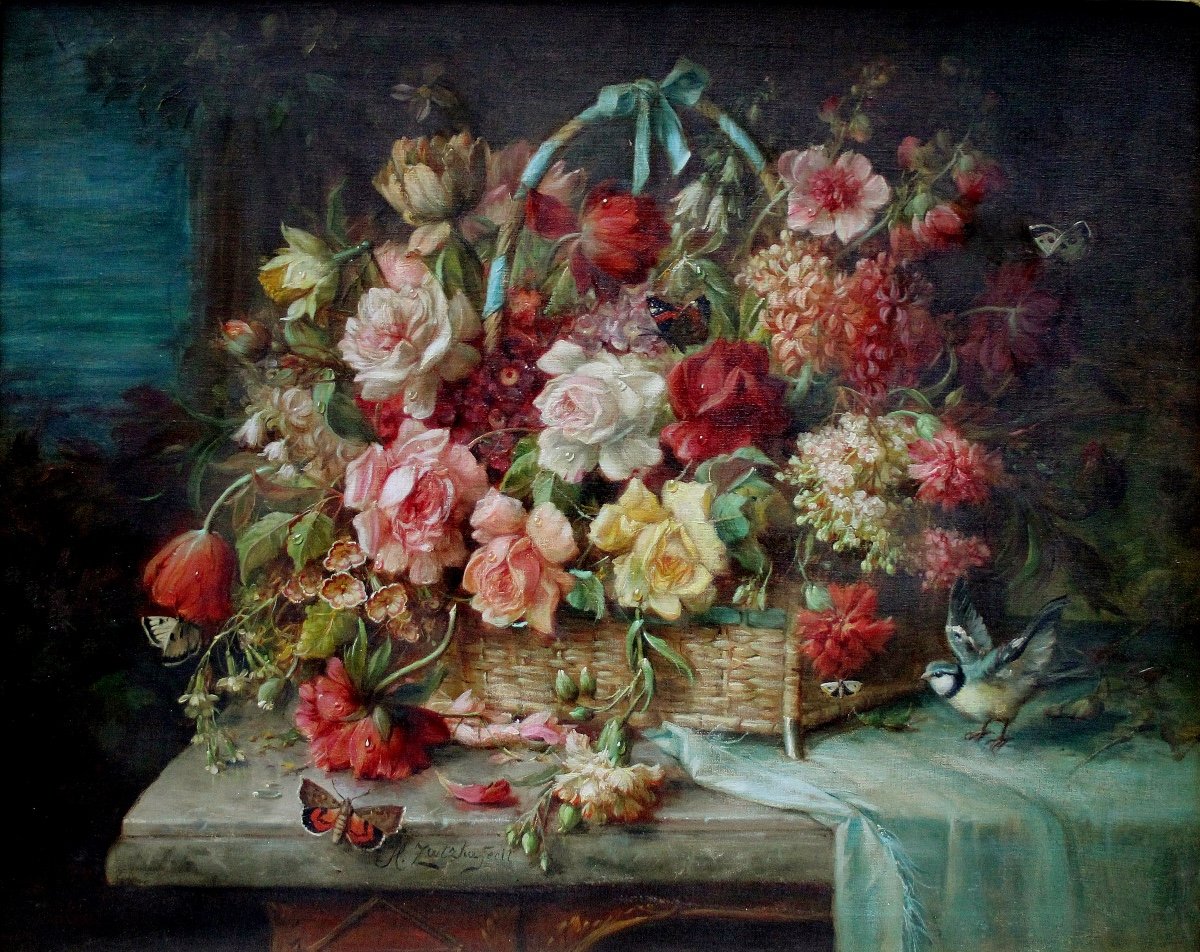 Hans Zatzka (austria 1859-1945), Magnificent Still Life With Flowers, Birds And Butterflies-photo-2