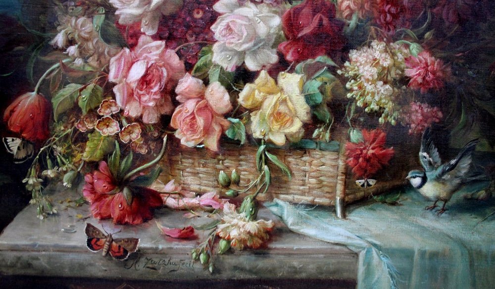 Hans Zatzka (austria 1859-1945), Magnificent Still Life With Flowers, Birds And Butterflies-photo-1