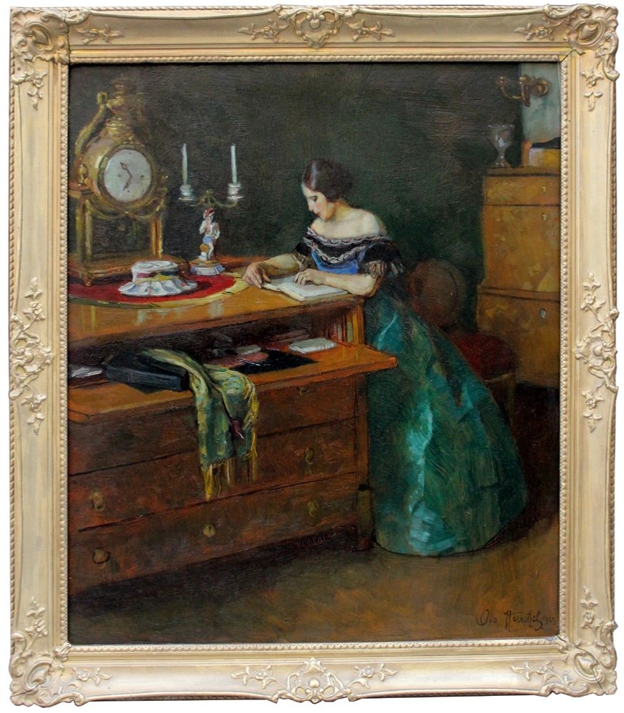 Femme lisant dans un intérieur par Otto Herschel (Autrichien, né en 1871)