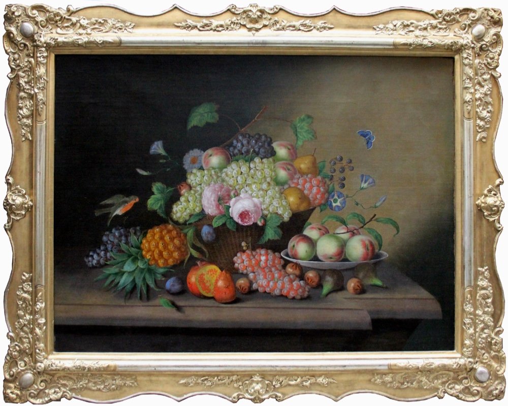 Nature morte monumentale avec différents fruits et fleurs de Georg Seitz (Autrichien 1810-1870)