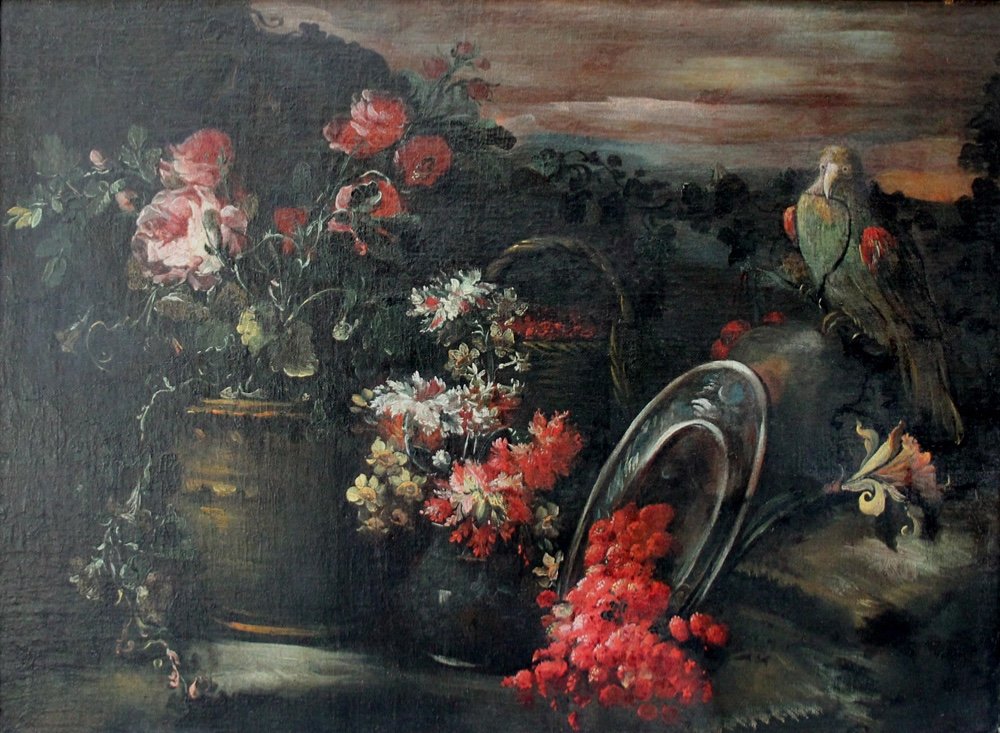 ELIZABETHA MARCHIONI (Rovigo /Vénétie vers 1700), Nature morte aux fleurs et perroquet)-photo-2