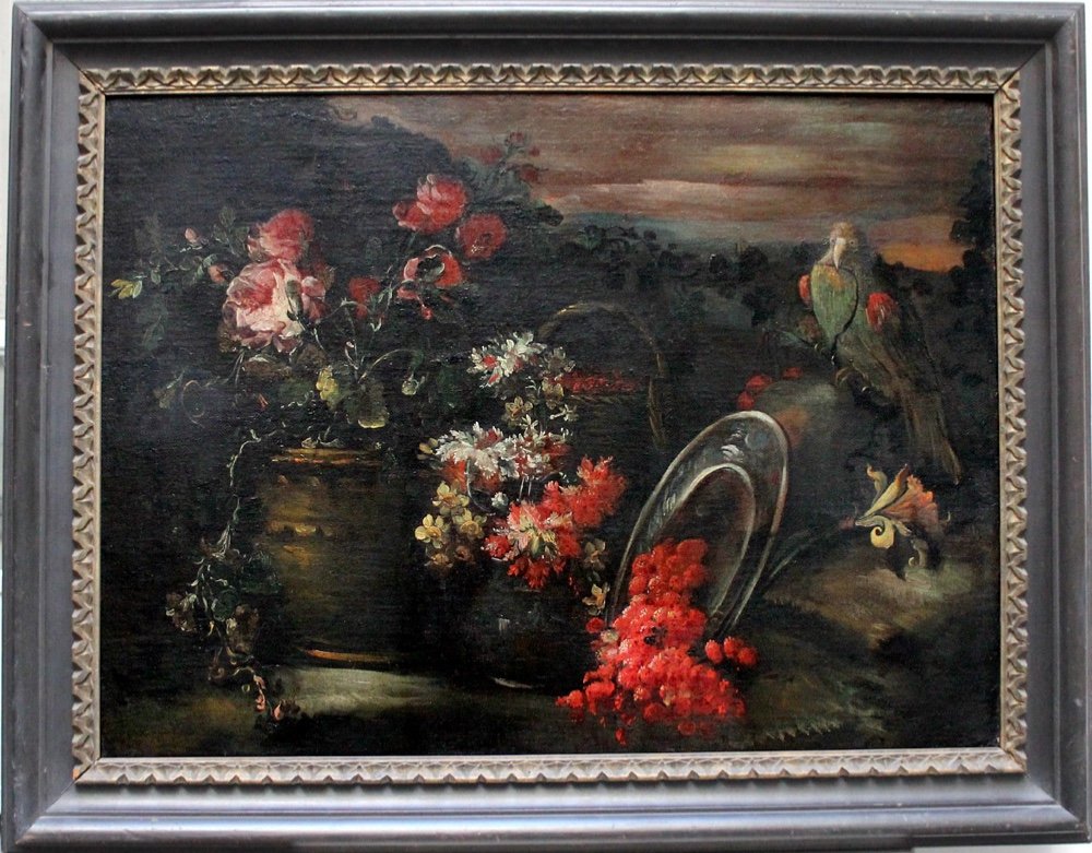 ELIZABETHA MARCHIONI (Rovigo /Vénétie vers 1700), Nature morte aux fleurs et perroquet)