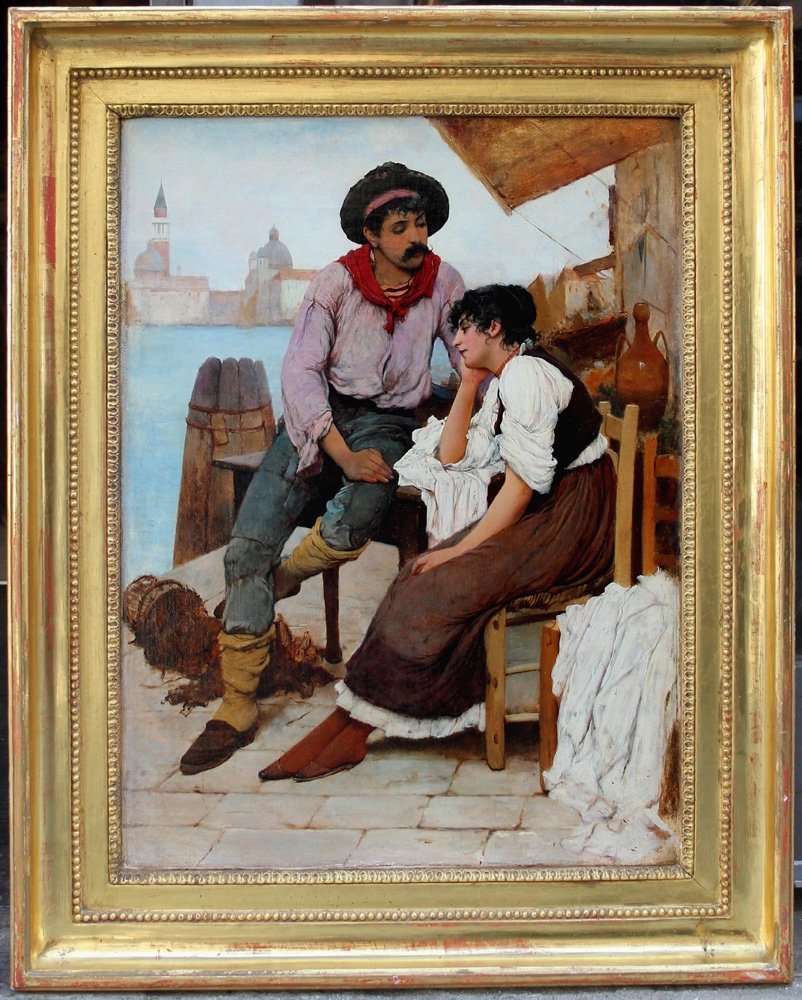 A Couple In Love On The Venetian Pier By Franz Leo Ruben (1842 - 1920), Attributed