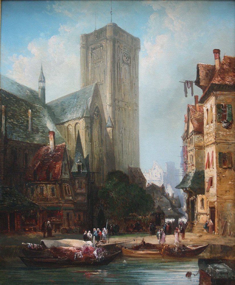 Scène de rue devant  une Cathédrale (vieux Rouen?) par Alexandre Defaux (français, 1826-1900)-photo-2