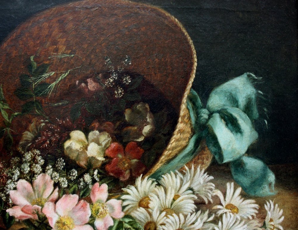 « fleurs éparses Dans Un Chapeau De Paille » par  un peintre de fleurs  , XIXe Siècle-photo-2